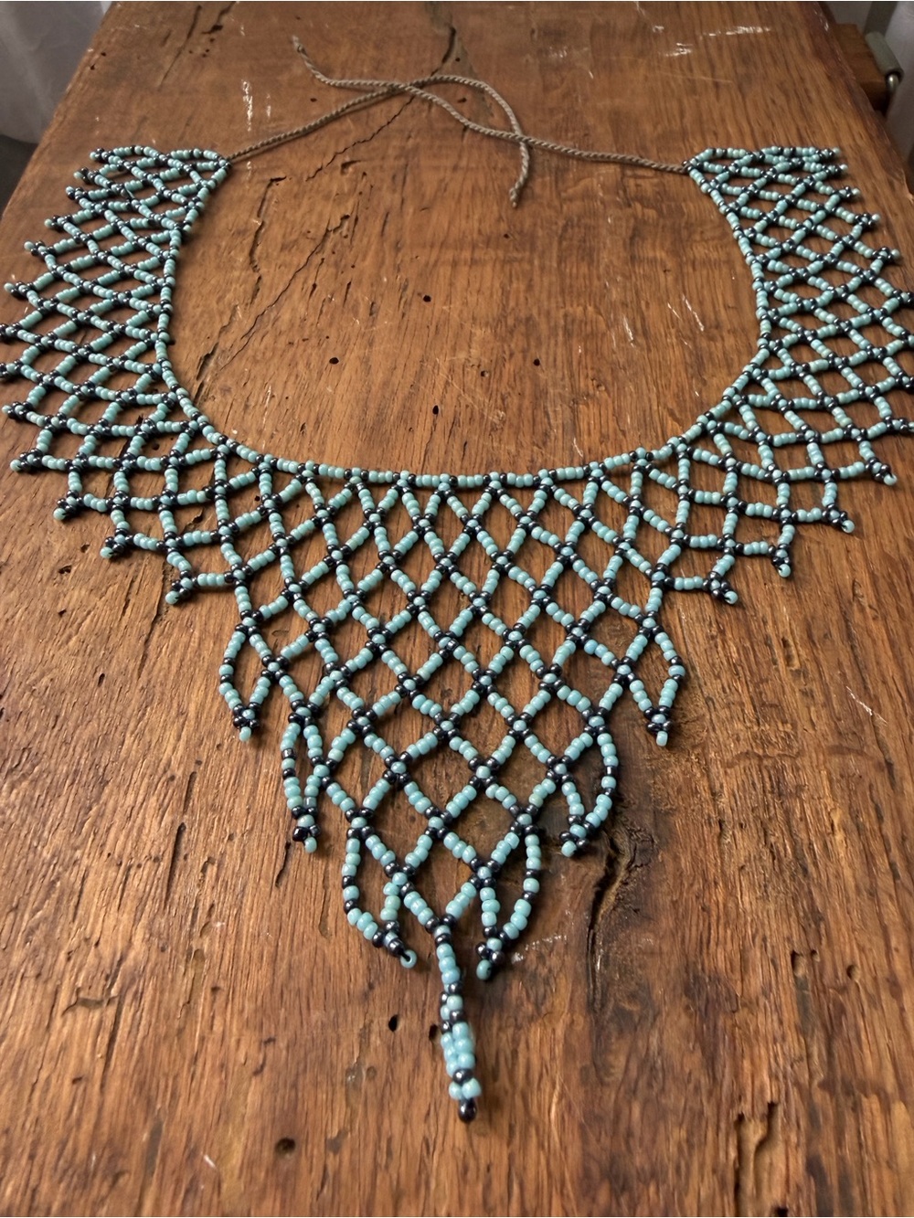 Vintage 00s hand seed beaded bib necklace black & baby blue